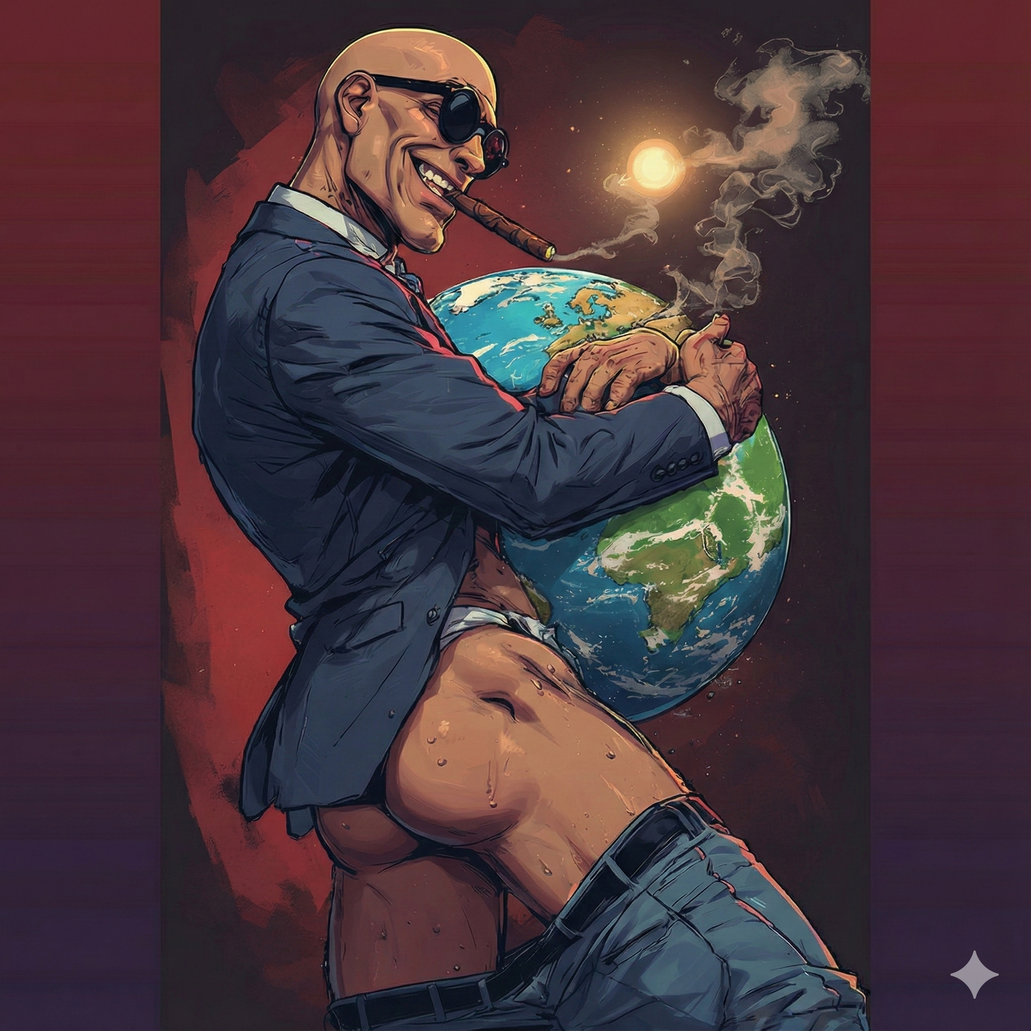 A cigar-smoking man in a suit sitting astride the globe